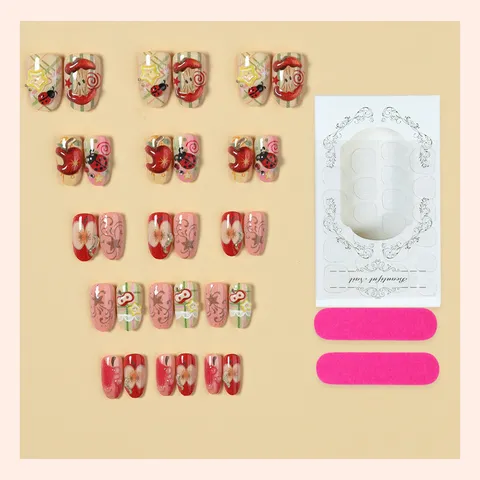 Unghie Finte 3D a Forma di Mela Rossa e Coccinella Rilievo Fatto a Mano Mandorla Rosa Unghie Artificiali Con Adesivi Set per Nail Art DIY