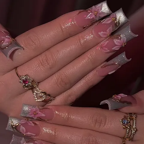 Faux Ongles à Coller Carrés Moyens en Résine Strass Fait Main Fleurs 3D Dégradé Rose Pailleté avec Boîte à Outils pour Femmes