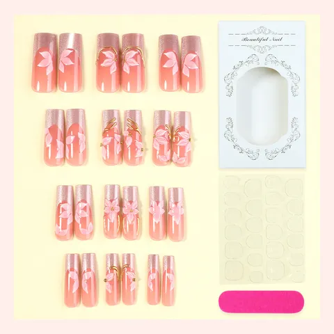 Faux Ongles à Coller Carrés Moyens en Résine Strass Fait Main Fleurs 3D Dégradé Rose Pailleté avec Boîte à Outils pour Femmes