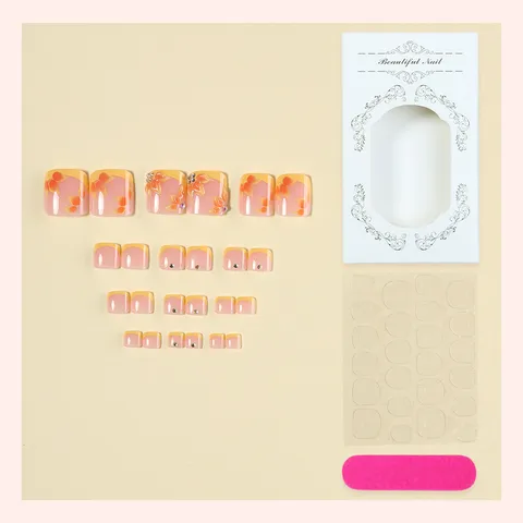 3D Flower French Toe Press On Nails Gold Beads Decoration Fake Nails Set With Jelly Glue Sticker And File For Women