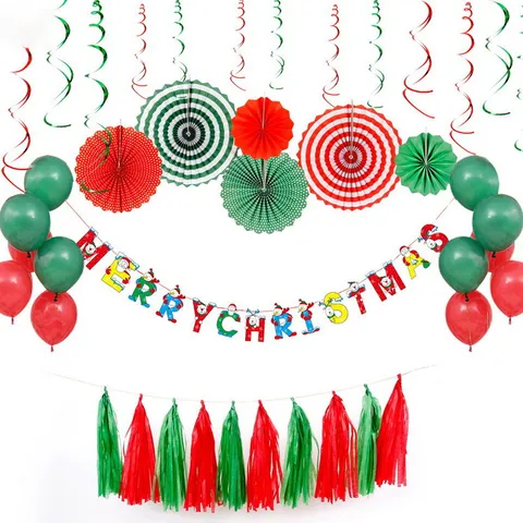 Ensemble de Décoration de Fête de Noël Éventails en Papier Spirales Suspensions Ballons Banderole Fournitures de Décoration Festive