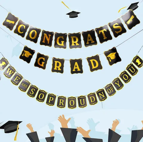 Graduation Party Decoration Banner Black Gold Letter Garland For Graduation Ceremony Classroom Background Wall Decor