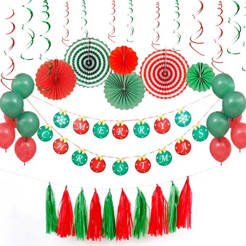 Ensemble de Décoration de Fête de Noël Éventails en Papier Spirales Suspensions Ballons Banderole Fournitures de Décoration Festive