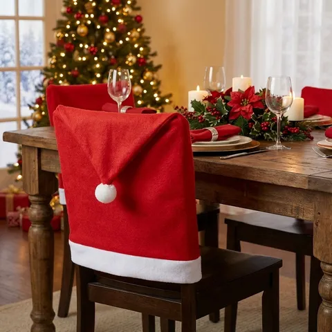 Christmas Non-Woven Chair Cover Red Santa Hat Slipcover Festival Party Dining Room Home Decor Holiday Supplies
