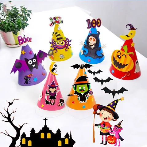 Kids Halloween Cartoon Paper Hat DIY Pumpkin Bat Ghost Skull Party Costume Decorative Headwear Holiday Dress Up Props