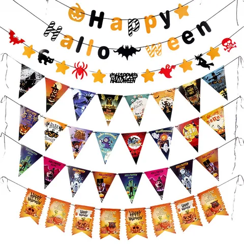 Guirlande Bannière en Papier d'Halloween Citrouille Chauve-Souris Araignoir Squelette Décoration Suspendue pour Fête de Bar Célébration de Festival