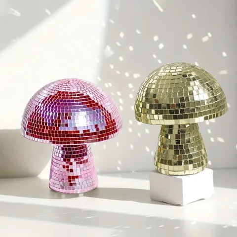 Glass Mirror Disco Ball Mushroom Figurine Ornament Reflective Disco Mushroom Decor For Party Home Table Decoration