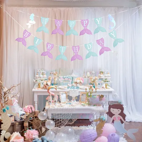 Mermaid Birthday Party Decoration Banner Silver Foil Letter Tail Hanging Garland Kids Girls Birthday Background Decor