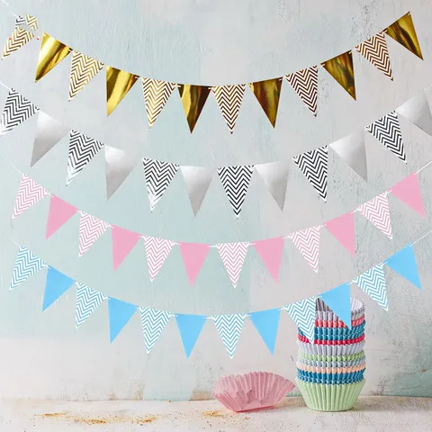 Gold Silver Rose Gold Wavy Bunting Banner Happy Birthday Paper Garland Party Decorations Hanging Celebration Supplies