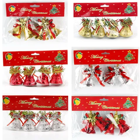 Christmas Tree Hanging Ornaments Electroplated Plastic Bells With Bow And Pine Needles Holiday Party Home Decor