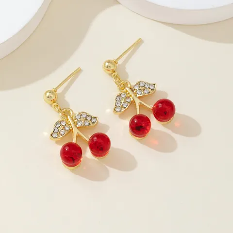 Minimalist Red Fruit Cherry Pendant Necklace Earrings For Women Sweet Rhinestone Inlaid Metal Necklace And Earrings Set Jewelry