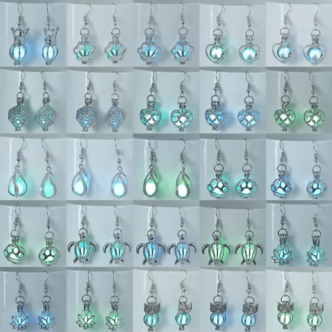 Hollow Luminous Drop Earrings Zinc Alloy Silver Plated Locket Cage Glow In The Dark Heart Turtle Owl Animal Earrings For Women Jewelry