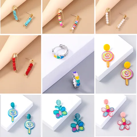 Bohemian Metal Safety Pin Earrings Colorful Polymer Clay Beads Artificial Pearl Geometric Stud Earrings Trendy Women Jewelry