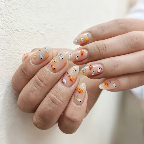 Almond Press On Nails Summer Colorful Fish Design Sweet Pink Gradient Fake Nails For Women Daily Party Nail Art