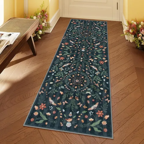 Alfombra de Pasillo de Cocina Retro Americana Floral Antideslizante Absorbente Alfombrilla Vintage Flor Botánica para Sala de Estar Dormitorio Hogar