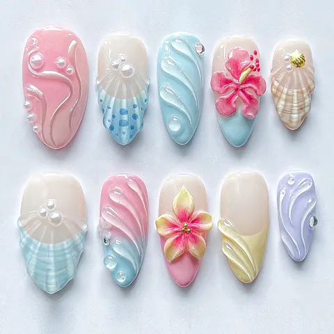 3D Bloemen Kunstnagels Kort Amandelvorm Gradiënt Parel Handgemaakte Hars Fake Nagel Set Dames Nail Art Decoratie
