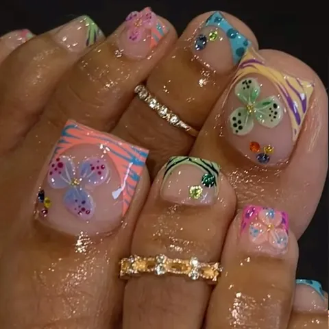 Tropical Floral Rhinestone French Toe Press-On Nails Short Full Cover Fake Toenails For Summer Sandals Wear Women Decorative DIY Nail Art