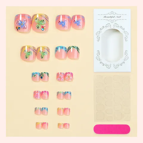 Tropical Floral Rhinestone French Toe Press-On Nails Short Full Cover Fake Toenails For Summer Sandals Wear Women Decorative DIY Nail Art