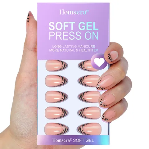 Leopard Print Press On Nails Short Almond French Soft Gel False Nails Adhesive Tabs Nail File Women Nail Art Accessory