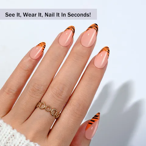 Leopard Print French Almond Press On Nails Short Almond Leopard Tiger Pattern False Nails Soft Gel Manicure Kit For Women