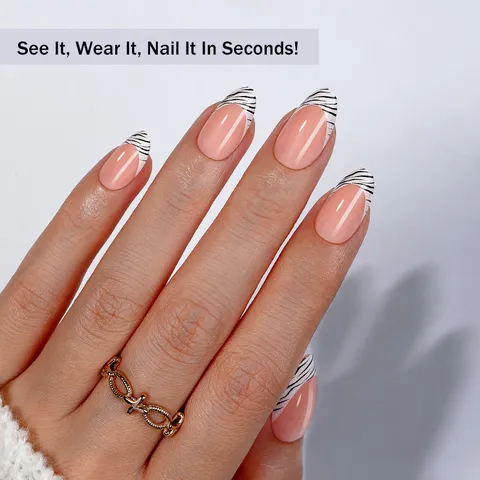 French Zebra Pattern Short Almond Press-on Nails Soft Gel False Nails For Women Daily Fashion Manicure Accessories With Jelly Adhesive Tabs