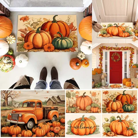 Alfombrilla de Puerta Thanksgiving con Camión de Calabaza Otoño Porche Delantero Alfombra de Suelo de Poliéster Antideslizante