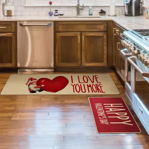 Valentine's Day Kitchen Floor Mat Non-Slip Nordic Style Heart Pattern Door Mat Home Entrance Decorative Polyester Mat Set
