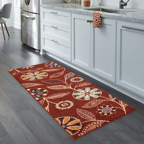 Alfombra de Suelo para Cocina Estilo Persa Antideslizante Absorbente Poliéster Alfombra de Pasillo Vintage Floral Decoración del Hogar
