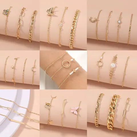 Vintage Cobre Aleación Capas Múltiples Cadena Brazalete Set Para Mujeres Exagerado Oro Color Mariposa Estrella Luna Strass Perla Artificial Cuentas Pulseras Punk Hip Hop Fiesta Joyería De Mano Regalo