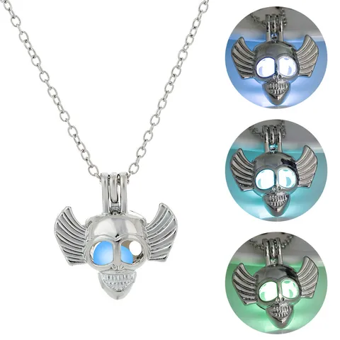 Gotisch Punk Legierung Leuchtend Totenkopf Anhänger Halskette Mit Flügeln Hohl Nachtleuchtend Kropfband Für Halloween Party Schmuck