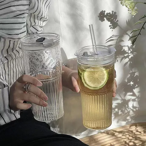 Heat-Resistant Glass Tumbler Glacier Striped Drinking Cup With Lid And Straw Clear Coffee Milk Tea Mug For Home Office