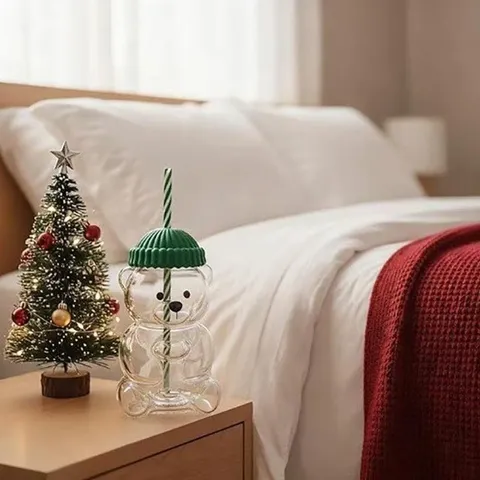 Lindo Vaso de Vidrio de Oso de Navidad Con Pajita y Tapa Gran Capacidad Vaso de Vidrio Borosilicato Para Café Agua