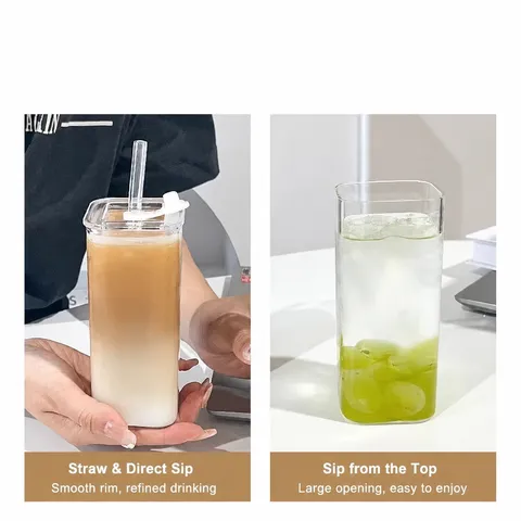 High Borosilicate Glass Straw Cup Heat Resistant Transparent Square Water Cup with Lid and Straw for Home Drinkware