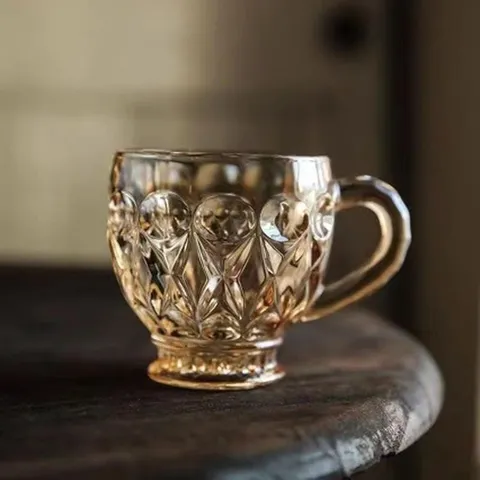 Tasse à Café en Verre Ambre Transparent Motif Diamant Gaufré Tasse à Thé Jus Avec Poignée Vaisselle de Cuisine