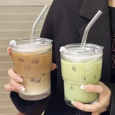 Vertical Striped Glass Cup With Straw And Lid Modern Minimalist Soda-lime Glass Drinkware For Coffee And Water