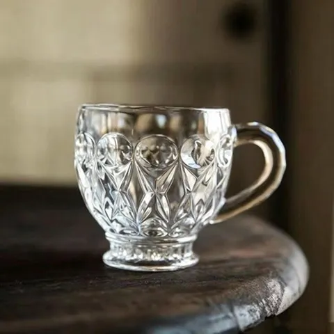Tasse à Café en Verre Ambre Transparent Motif Diamant Gaufré Tasse à Thé Jus Avec Poignée Vaisselle de Cuisine