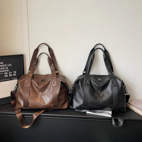 Large Capacity PU Leather Travel Bag Waterproof Gym Shoulder Crossbody Duffel Bag Solid Color Luggage Tote For Weekender Overnight Men Women