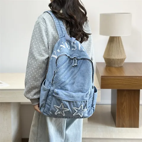 Vintage Washed Denim Backpack For Women Men Large Capacity Geometric Star Patchwork School Bookbag Casual Travel Backpack