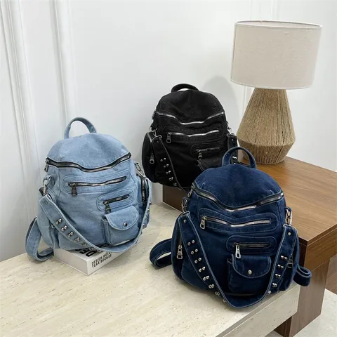 Vintage Denim Backpack For Women Casual Multifunctional Shoulder Bag Small Crossbody Backpack With Rivets Solid Color Rucksack