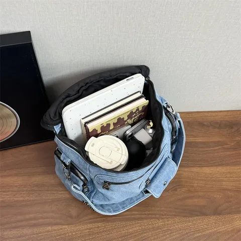 Vintage Denim Backpack For Women Casual Multifunctional Shoulder Bag Small Crossbody Backpack With Rivets Solid Color Rucksack