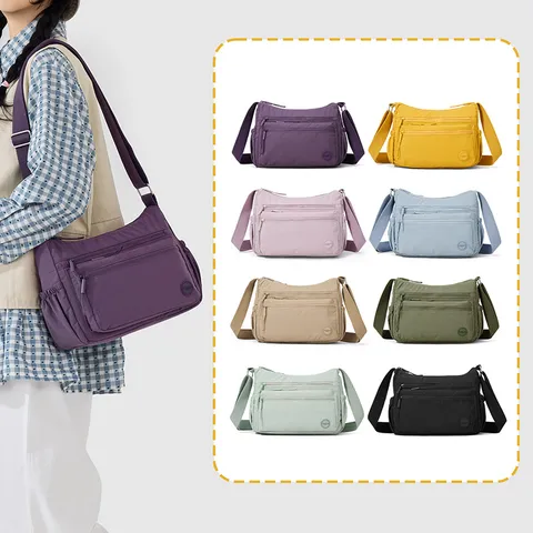 Sac Bandoulière Femme Nylon Multi-Poches Grande Capacité Léger Mode Sac à Épaule Décontracté Imperméable Sac Messager Couleur Unie