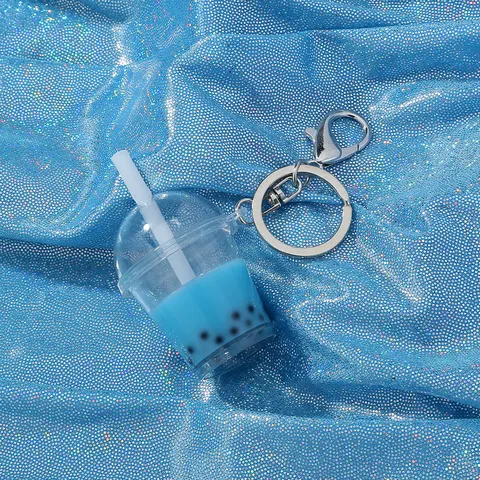 Creative Acrylic Bubble Tea Keychain Cute Liquid Beverage Bag Pendant Electroplated Metal Key Ring Backpack Accessory Gift