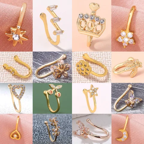 Piccolo Anello al Naso alla Moda Senza Perforazione Clip al Naso in Lega Intarsiata con Zirconia Geometrica Forma di Ape Fiore Stella Cuore Luna Gioielli per il Corpo per Donna