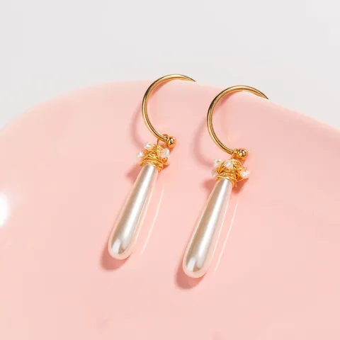 Fashion C-Shaped Ear Hook Hand-Wound Wire Long Artificial Pearl Dangle Earrings Gold Alloy Women Jewelry