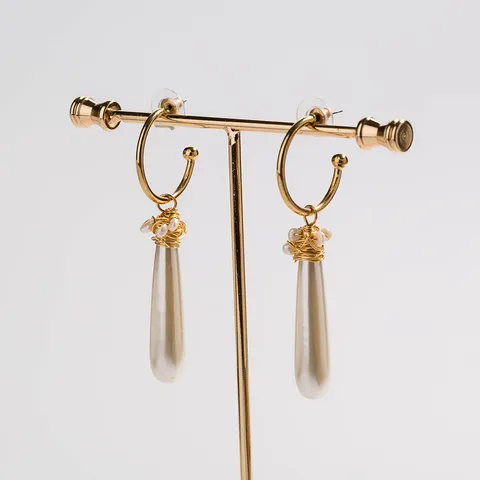 Fashion C-Shaped Ear Hook Hand-Wound Wire Long Artificial Pearl Dangle Earrings Gold Alloy Women Jewelry