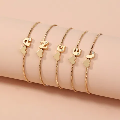 Minimalist Gold Plated Copper Alloy Box Chain Bracelet For Women Adjustable Rhinestone Alphabet Letter Heart Charm Bracelet Jewelry