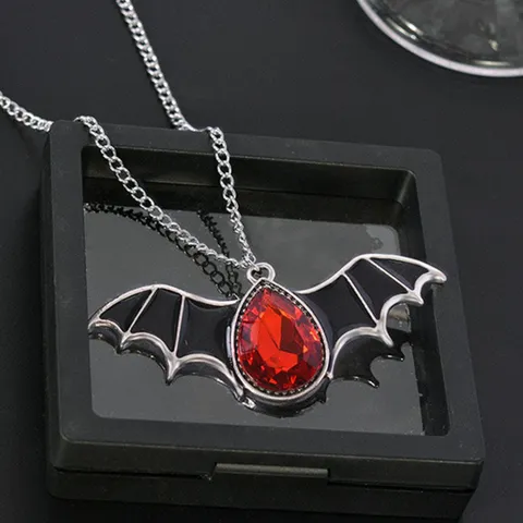 Gothic Punk Vampire Bat Wings Pendant Necklace Alloy Rhinestone Red Crystal Teardrop Charm Chain Jewelry Halloween Gift Unisex