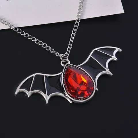 Gothic Punk Vampire Bat Wings Pendant Necklace Alloy Rhinestone Red Crystal Teardrop Charm Chain Jewelry Halloween Gift Unisex