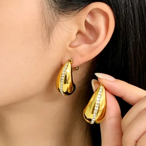 Stainless Steel Teardrop Earrings 18K Gold Plated Zirconia Inlaid Water Drop Stud Earrings For Women Simple Luxury Fashion Jewelry Gift