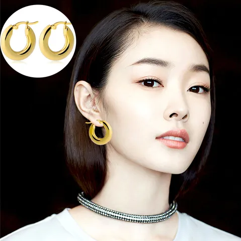 18K Gold Plated Stainless Steel Thick Hoop Earrings For Women Men Geometric Huggie Rhinestone Loop Earrings Jewelry